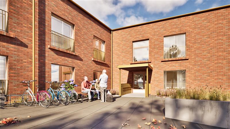 Moderni punatiilinen rakennus auringossa, jonka edustalla ihmisi&auml;. Digitaalisesti tuotettu havainnekuva.