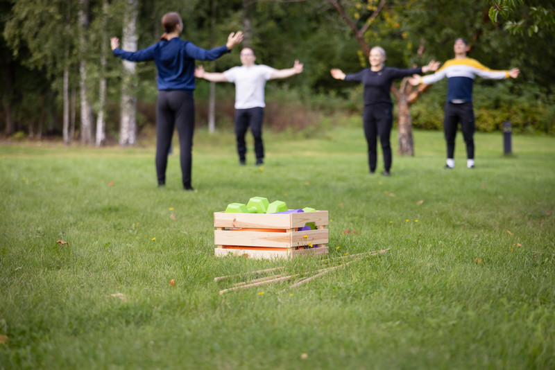 Neljä henkilöä harjoittelee liikuntaa nurmikolla, keskellä laatikko, jossa on jumppavälineitä