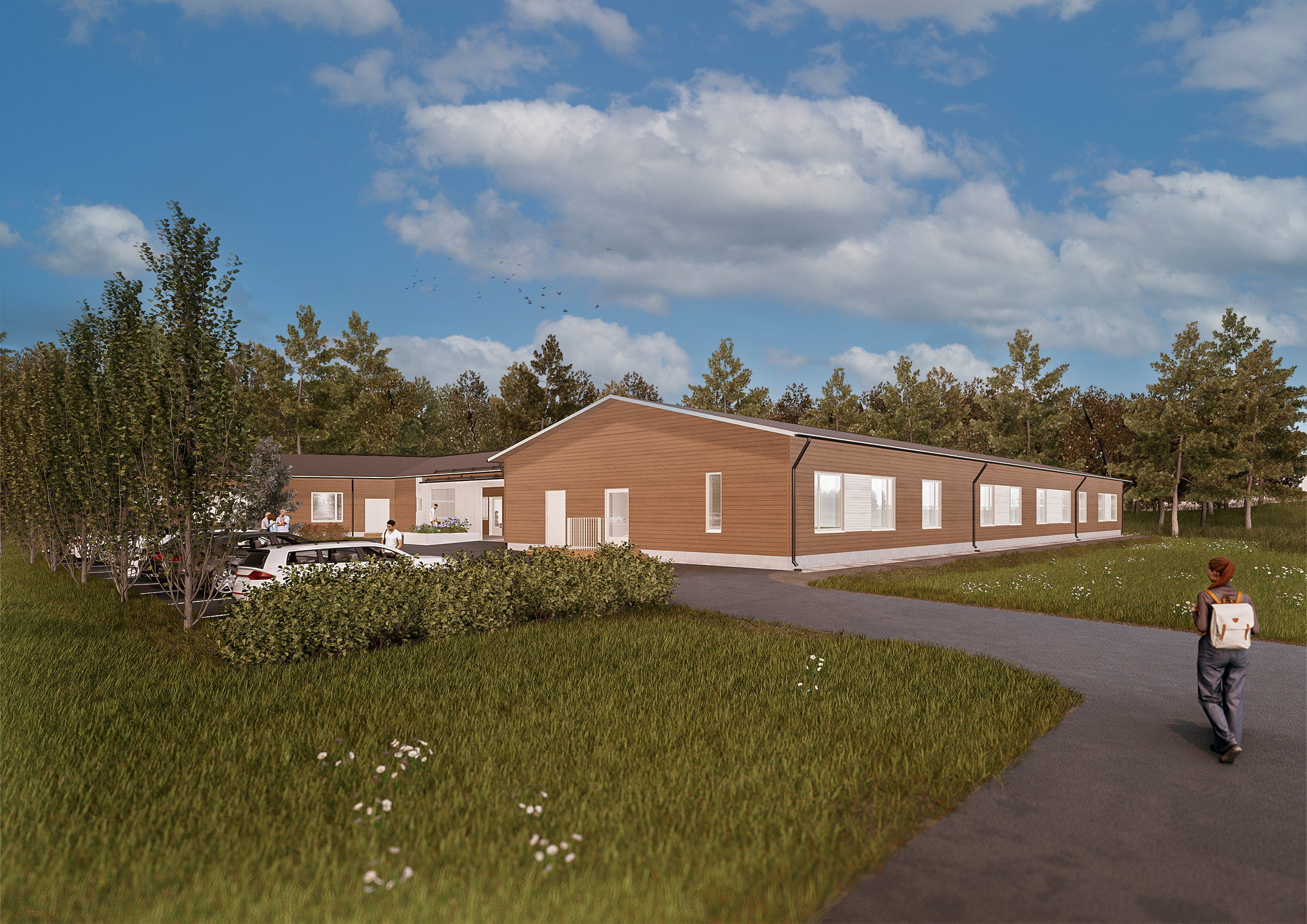 Digitaalisesti tuotettu havainnekuva matalasta ruskeasta rakennuksesta kesäkelillä. Etualalla kävelee reppuselkäinen lapsi kohti rakennusta.