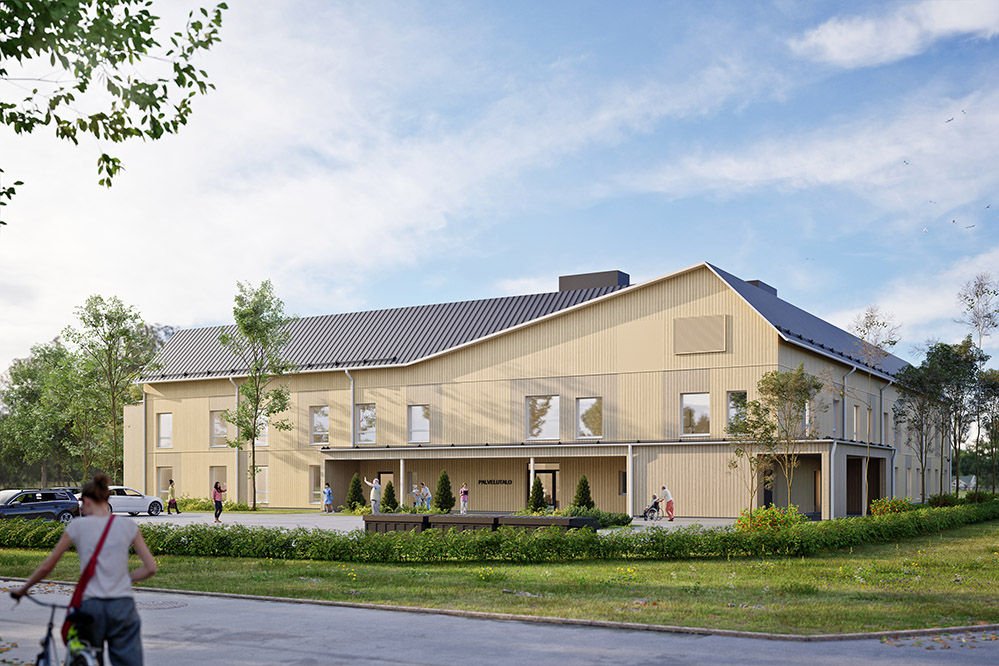Havainnekuva uudesta Attendo-kodista Kokkolassa. Vaalea kaksikerroksinen rakennus.