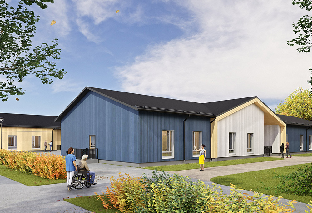 Havainnekuva uudesta Seinäjoen hoivakodista, puinen 1-kerroksen talo, sininen lautavuoraus